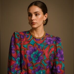 Montage By Mosaic Vintage Floral Blouse Purple Pink Teal